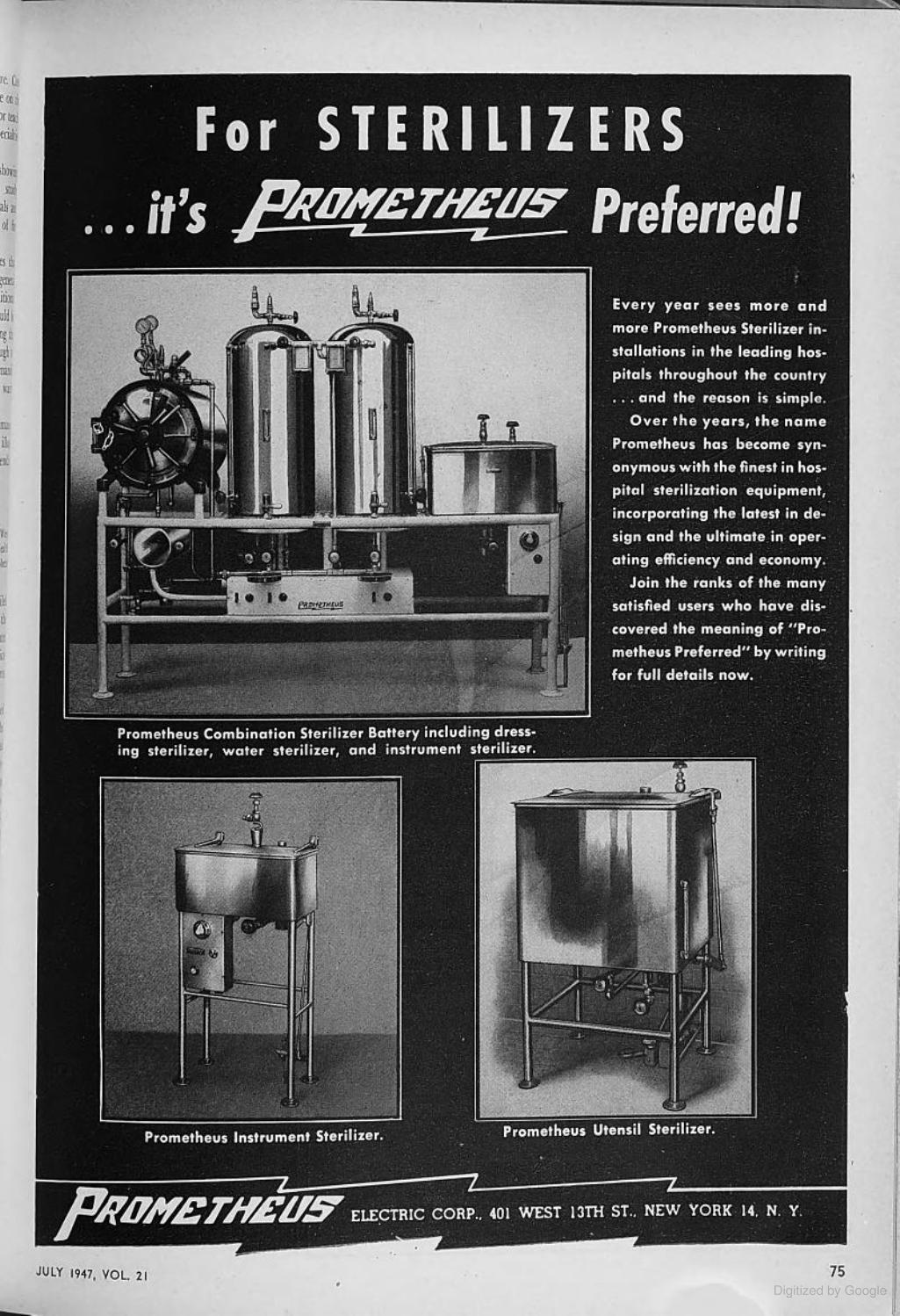 Ad reading "For sterilizers, it's Prometheus preferred!" with advertising text and illustrations of sterilizers.