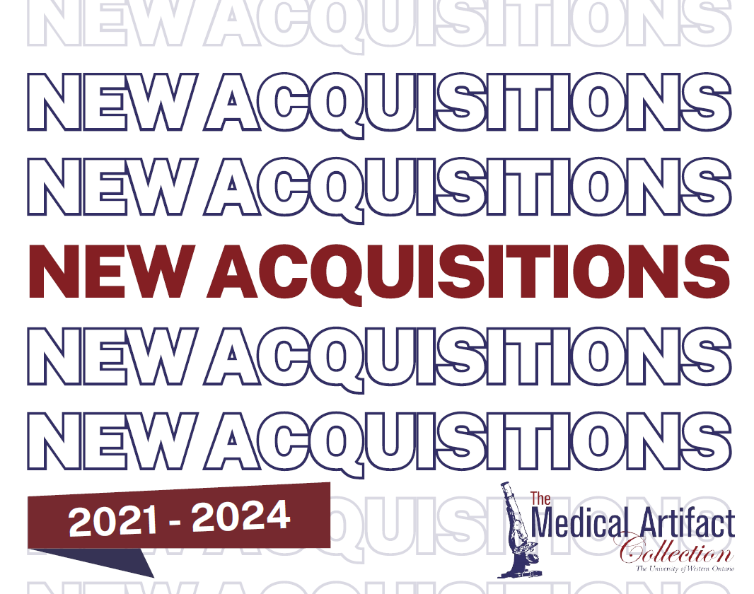 "New Acquisitions" written many times in succession in a purple and red design. The Medical Artifact Collection logo, consisting of the name and a microscope illustration, is in the bottom right corner. The years 2021-2024 are in the bottom left.