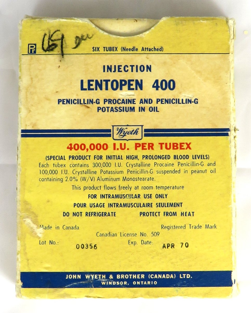 Yellow paper box labelled 'Lentopen", made from penicillin, used for initial high, prolonged blood levels.
